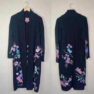 Johnny Was Shilo Black Long Cozy Duster, Wide Legged Pants w/Floral Embroidery M